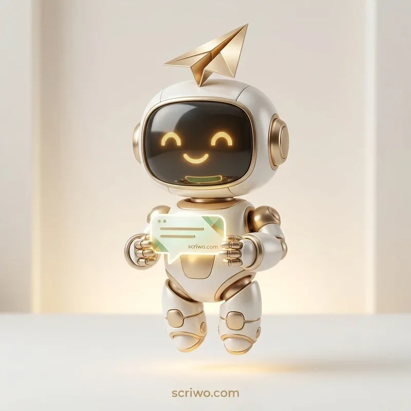Riwo, a friendly gold and pearl robot holding a chat bubble